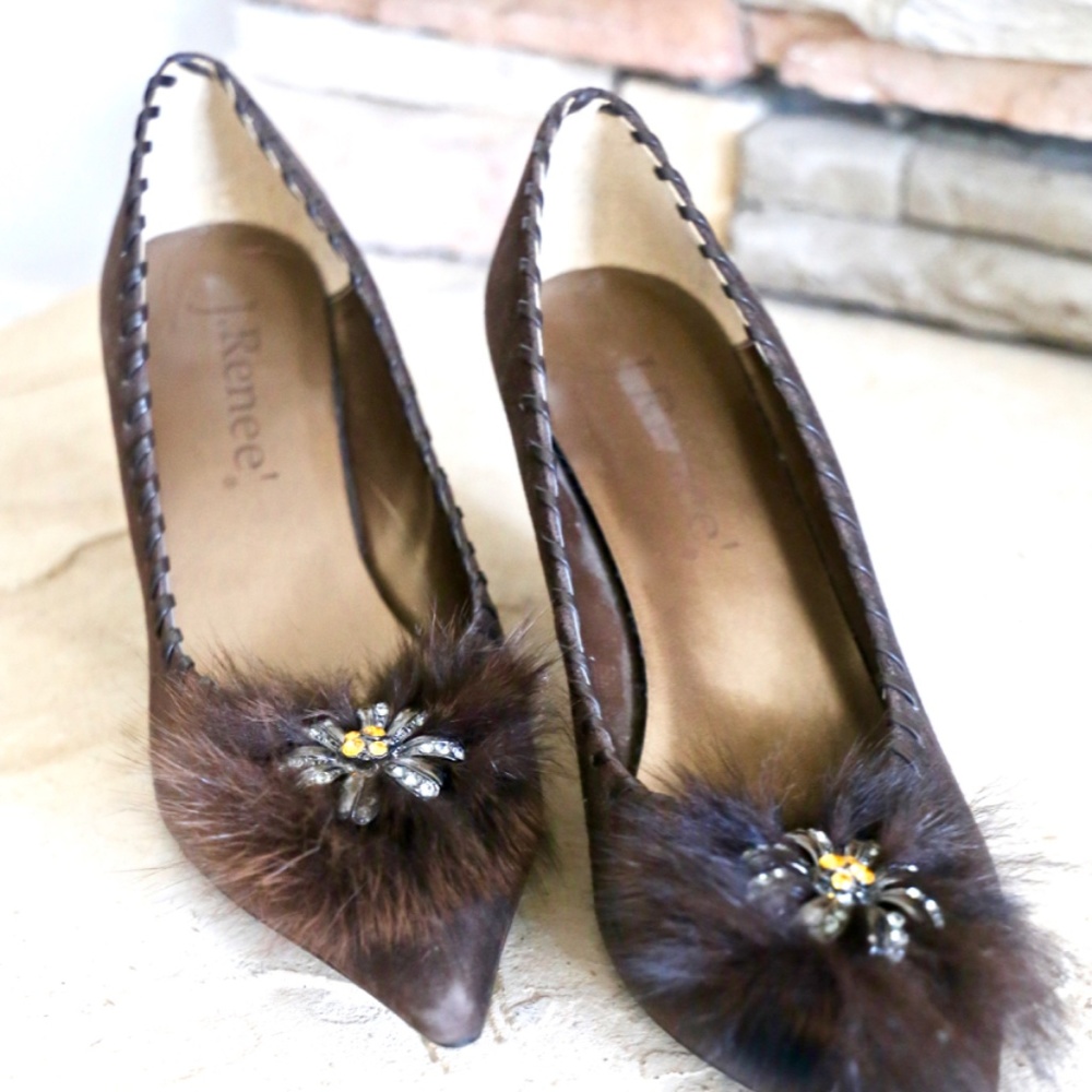 J.Renee Brown Suede Pump Fur & Jewel Enbellish